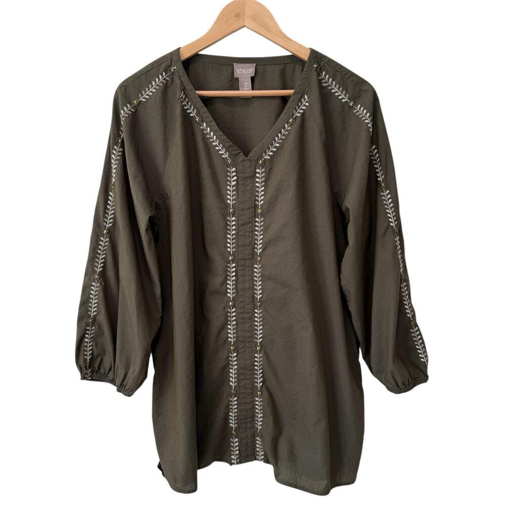 Chicos Contrast Embroidery Pullover Olive Grape Leaf‎ Relaxed Top Size L 2 Boho
